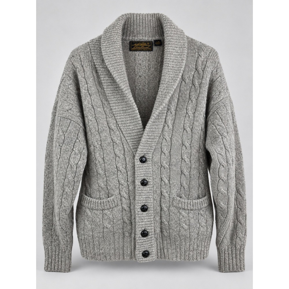 Vintage 90s Eddie Bauer Mens L Wool Cable Knit Shawl Collar Cardigan Sweater